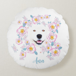 Dog Samoyed und rosa Blume, kundenspezifischer Nam Rundes Kissen