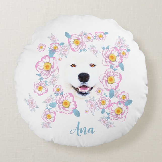 Dog Samoyed und rosa Blume, kundenspezifischer Nam Rundes Kissen (Vorderseite)
