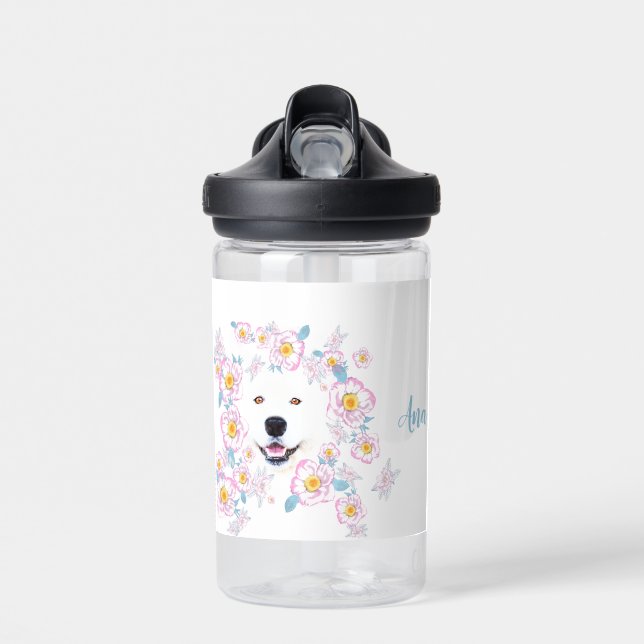 Dog Samoyed und rosa Blume, kundenspezifischer Nam Trinkflasche (Vorne)