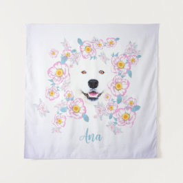 Dog Samoyed und rosa Blume, kundenspezifischer Nam Wandteppich