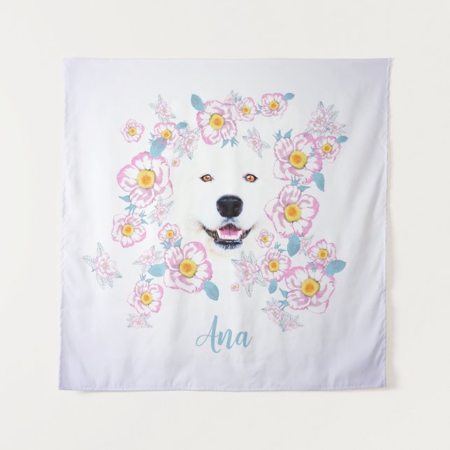 Dog Samoyed und rosa Blume, kundenspezifischer Nam Wandteppich (Vorderseite)