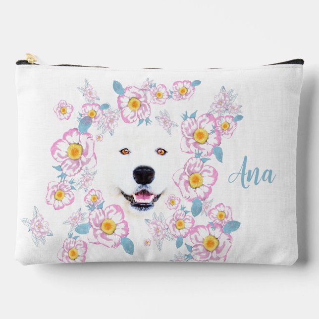 Dog Samoyed und rosa Blume, kundenspezifischer Nam Zubehörtasche (Vorderseite)