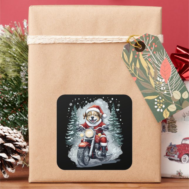 Dog Santa Motorcycle Black Background Quadratischer Aufkleber (Feiertag)