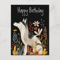 Dog Scandi Folk Art Happy Birthday Black Postcard