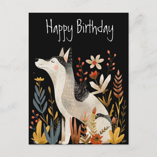 Dog Scandi Folk Art Happy Birthday Black Postcard Postkarte (Vorderseite)