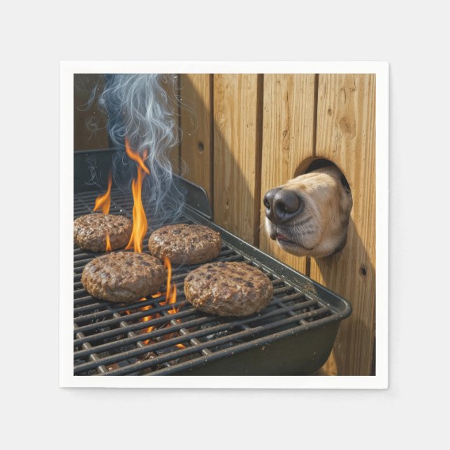 Dog Sniffing Hamburgers On a Barbecue Grill Serviette (Vorderseite)