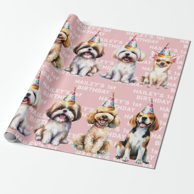 Dog Thema Geburtstagsparty Pink Geschenkpapier (Ungerollt)