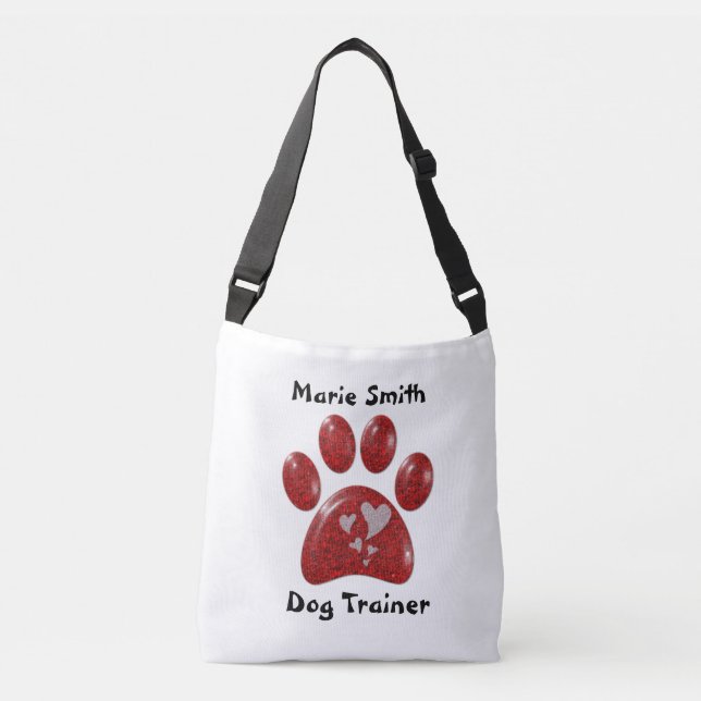 Dog Trainer Red Paw Print White Hearts Muster Must Tragetaschen Mit Langen Trägern (Vorderseite)