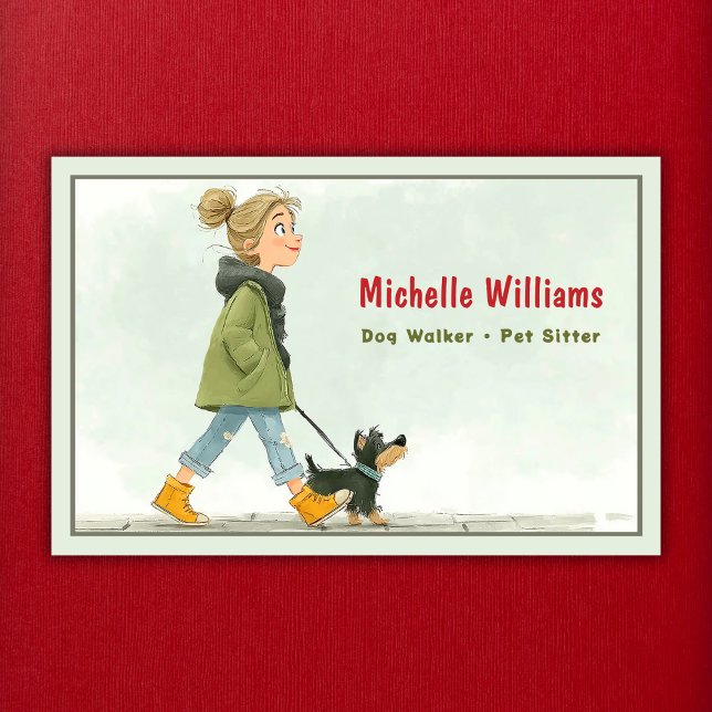 Dog Walker | Haustier-Sitter | Girl Walking Dog Visitenkarte (Front - Dog Walker - Pet Sitter - Girl Walking Dog Business Card)