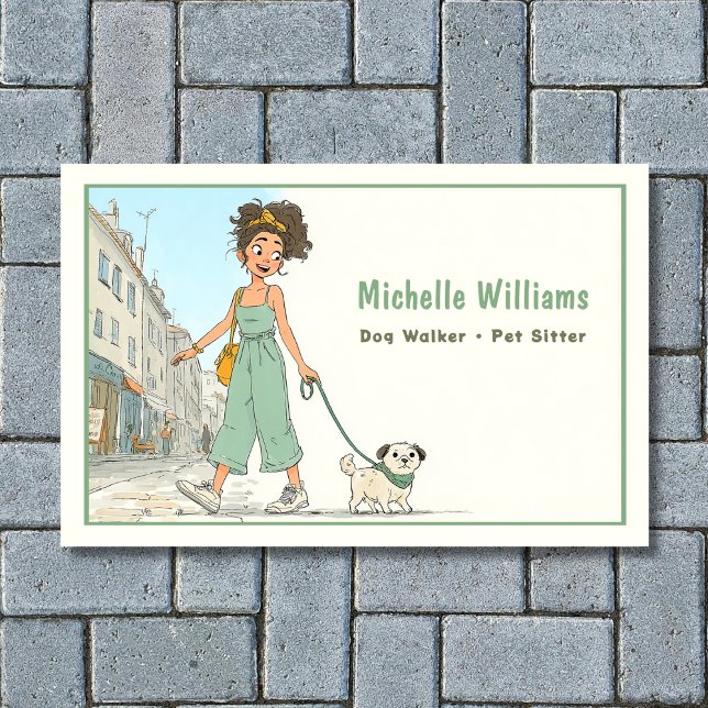 Dog Walker | Haustier-Sitter | Girl Walking Dog Visitenkarte (Front - Dog Walker - Pet Sitter - Girl Walking Dog Business Card)