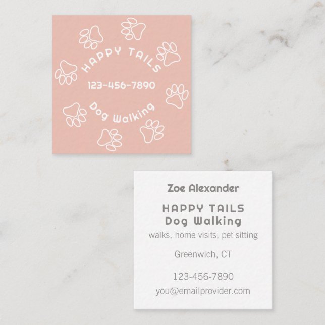 Dog Walker Paw Print Circle Modernes Blush Pink Quadratische Visitenkarte (Vorne/Hinten)