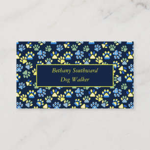 Dog Walker Paws Navy Yellow Business Card Visitenkarte