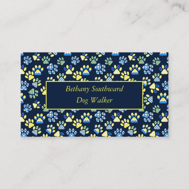 Dog Walker Paws Navy Yellow Business Card Visitenkarte (Vorderseite)