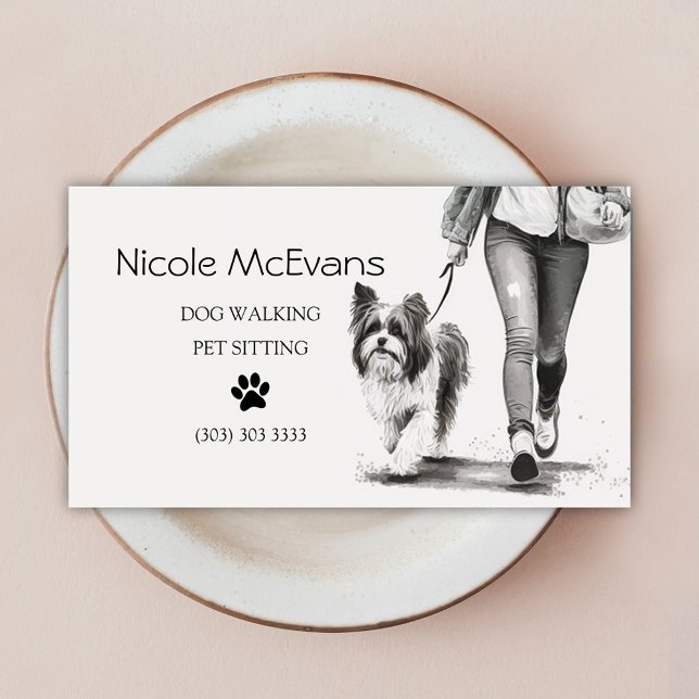Dog Walker Pet Sitter Schwarz-Weiß Visitenkarte (Dog Walker Watercolor Pet Sitter Business Card)