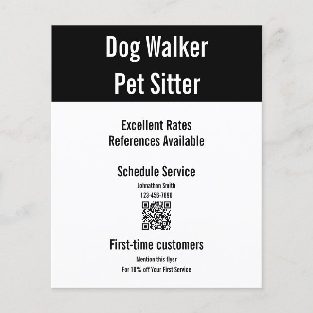 Dog Walker Pet Sitter Schwarz-weißer QR-Code-Vorla Flyer (Vorne)