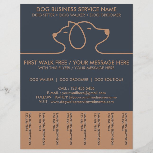 Dog Walker Service Lineart Brown Navy Flyer (Vorne)