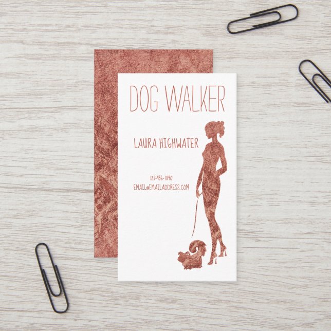 Dog Walker Silhouette Rose Gold Faux Foil Pet Visitenkarte (Vorderseite/Rückseite Beispiel)