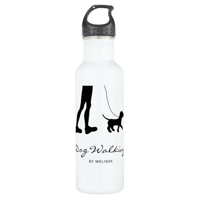 Dog Walker Woman & Dog - Schwarze Silhouette & Tex Edelstahlflasche (Vorderseite)