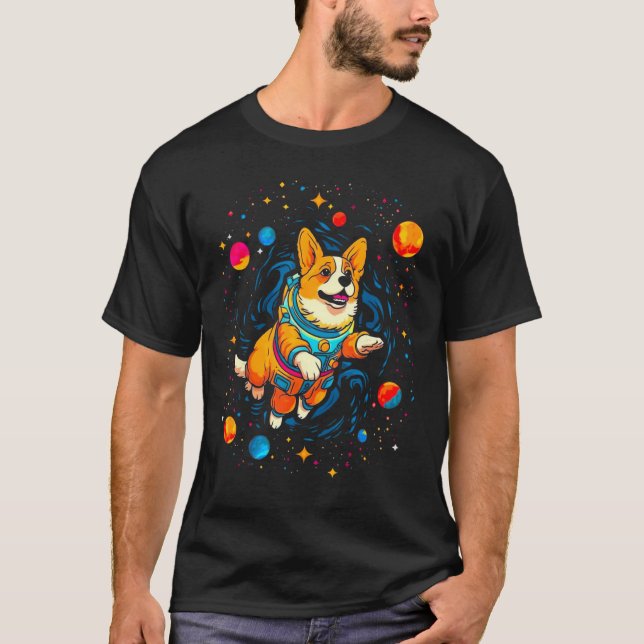Dog Welsh Corgi Cosmos Planet T-Shirt (Vorderseite)