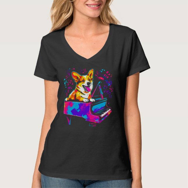 Dog Welsh Corgi Pianist T-Shirt (Vorderseite)