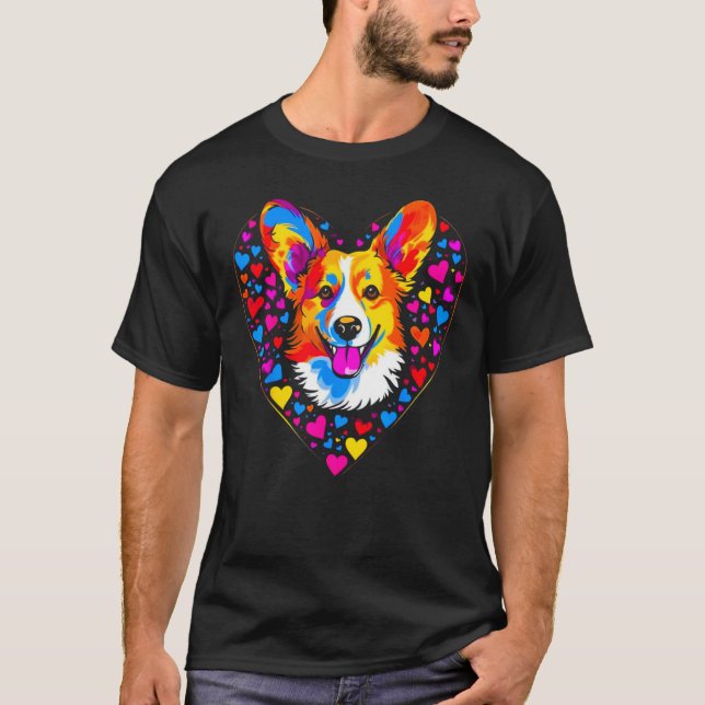 Dog Welsh Corgi Yellow Blue Red Heart T-Shirt (Vorderseite)