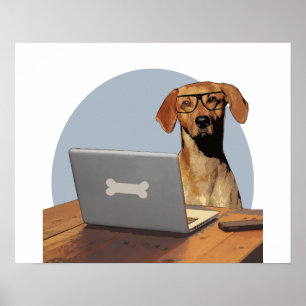 Dog with Glasses at  Computer and Desk Poster