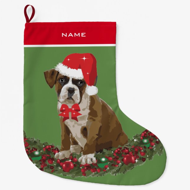 Dog Xmas Niedlich Boxer Weihnachtsmannmütze Weihna Großer Weihnachtsstrumpf (Vorderseite)
