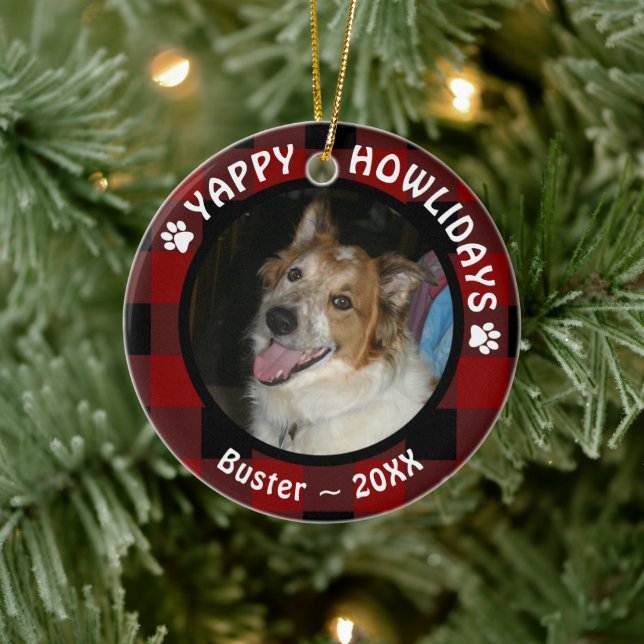 Dog YAPPY HOWLIDAYS Red Buffalo Kariertes Foto Keramik Ornament (Baum)