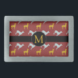 Dog Year Zodiac Birthday Monogram Gürtelschnalle<br><div class="desc">Maßgeschneiderte Gürtelschnalle mit blauen und gelben Hundemustern auf dunkelrotem Hintergrund   schwarzer Rundtag für Monogram vorne. Sie können das Monogramm einfach ändern und Text (Schriftart,  Farbe,  Größe und Position) hinzufügen,  indem Sie auf die Schaltfläche Anpassen klicken. Ideal für Chinesisch Neujahr des Hundes oder Geburtstag (Menschen geboren im Jahr des Hundes).</div>