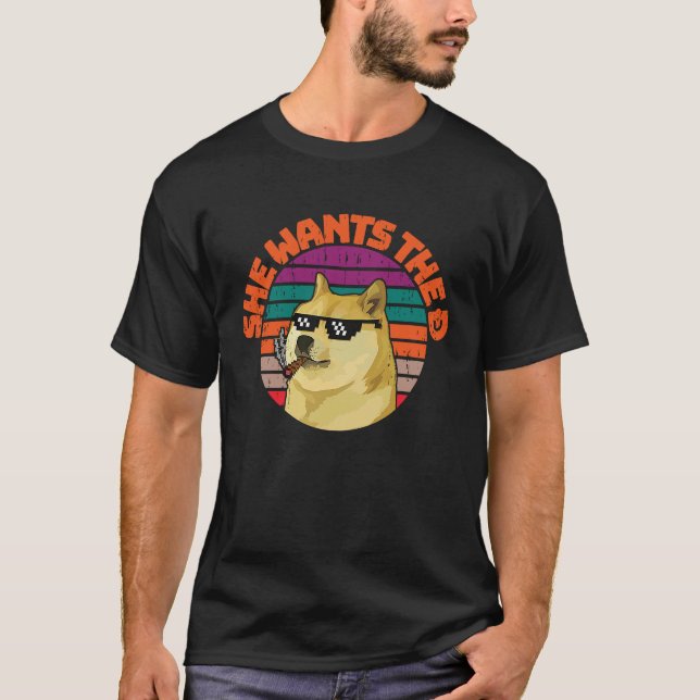Dogecoin Mem Doge Sie will die D zum Mond T-Shirt (Vorderseite)