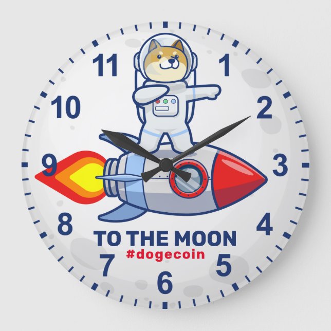 Dogecoin To The Moon Rocket Man Space Doge Crypto Große Wanduhr (Vorderseite)