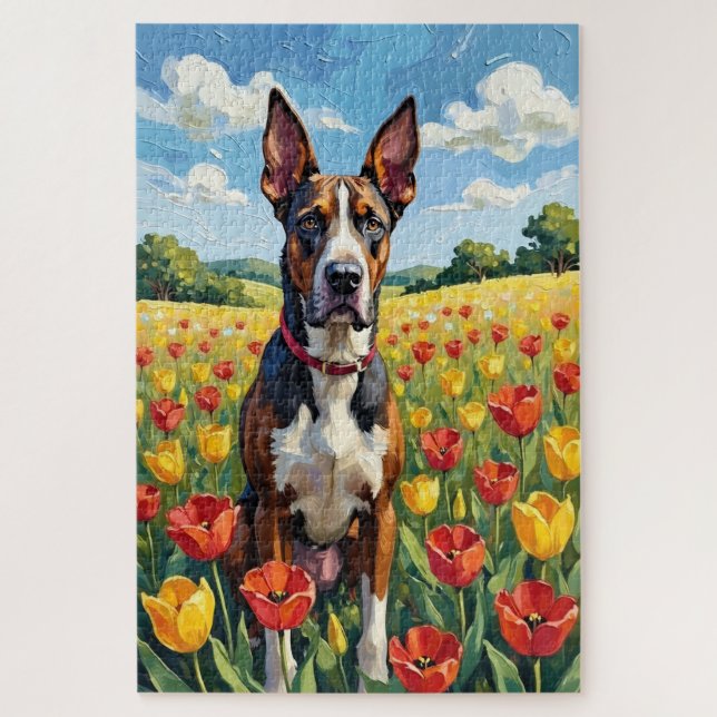 Dogge Spring Tulpenfeld Deutsche Dogge Puzzle (Vertikal)