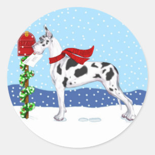 Dogge-Weihnachtspost-Harlekin Runder Aufkleber