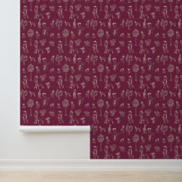 Dogs Lady Toile de Jouy Burgundy Color Tapete