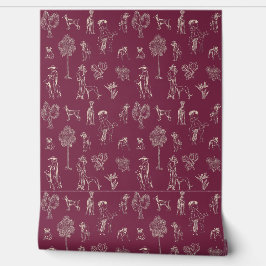 Dogs Lady Toile de Jouy Burgundy Color Tapete