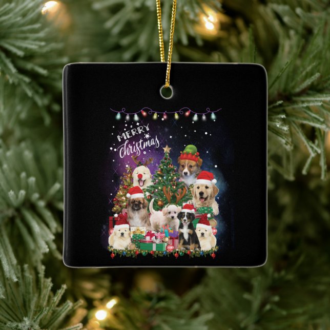 dogs Merry christmas Light Keramikornament (Baum)