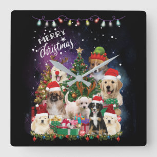 dogs Merry christmas Light Quadratische Wanduhr