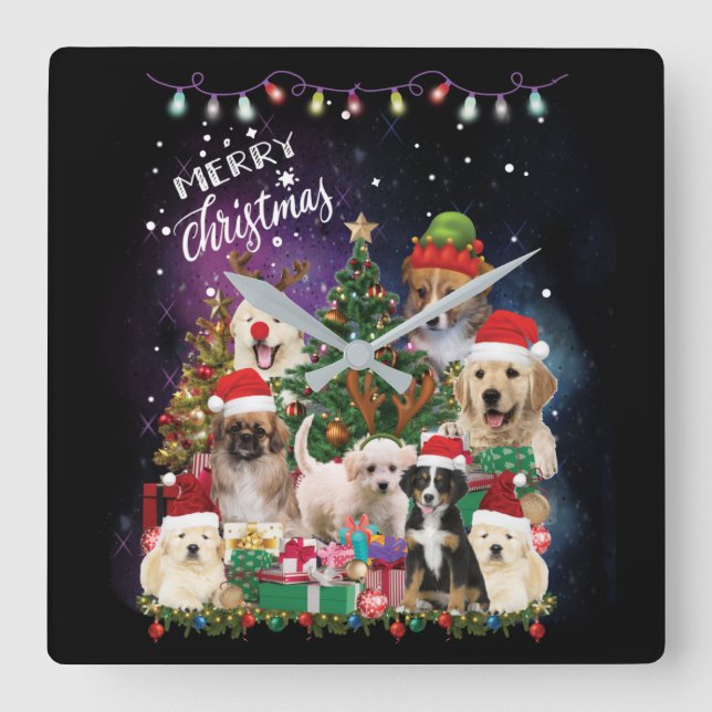 dogs Merry christmas Light Quadratische Wanduhr (Vorderseite)