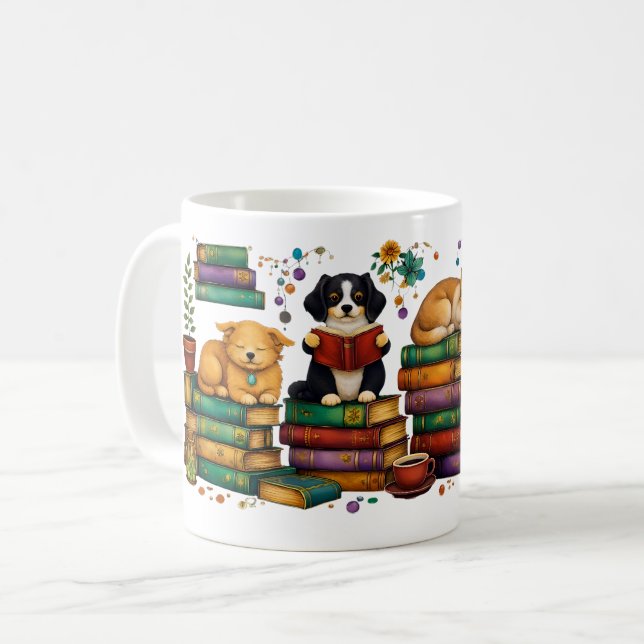 Dogs Reading Books Cozy Library Scene Kaffeetasse (Vorderseite Links)