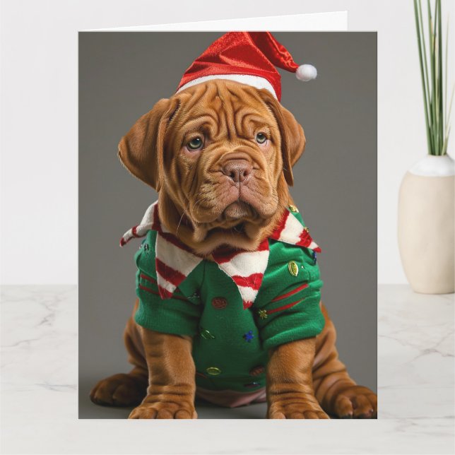 Dogue de Bordeaux Elf Welpe Weihnachtskarte Karte (Vorderseite)
