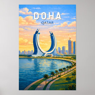 Doha Katar Illustration Reise Kunst Vintage Poster
