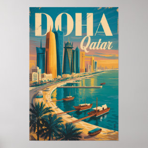 Doha Katar Skyline Illustration Reise Kunst Vintag Poster