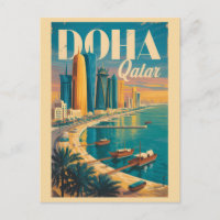Doha Katar Skyline Illustration Reise Kunst Vintag