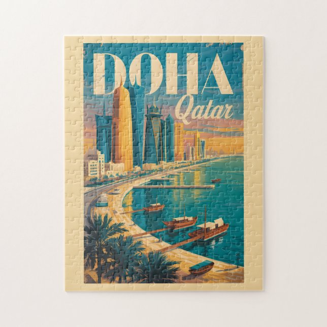 Doha Katar Skyline Illustration Reise Kunst Vintag Puzzle (Vertikal)
