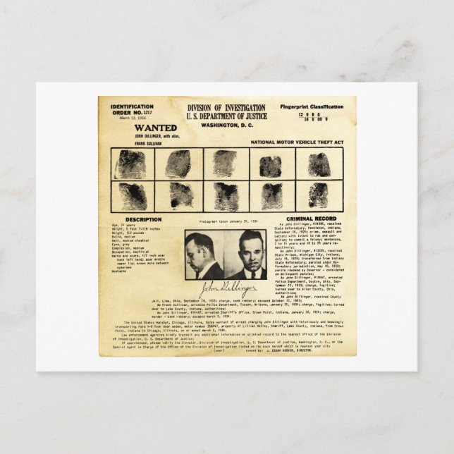 DOJ Identification order 1217 John Dillinger Postkarte (Vorderseite)