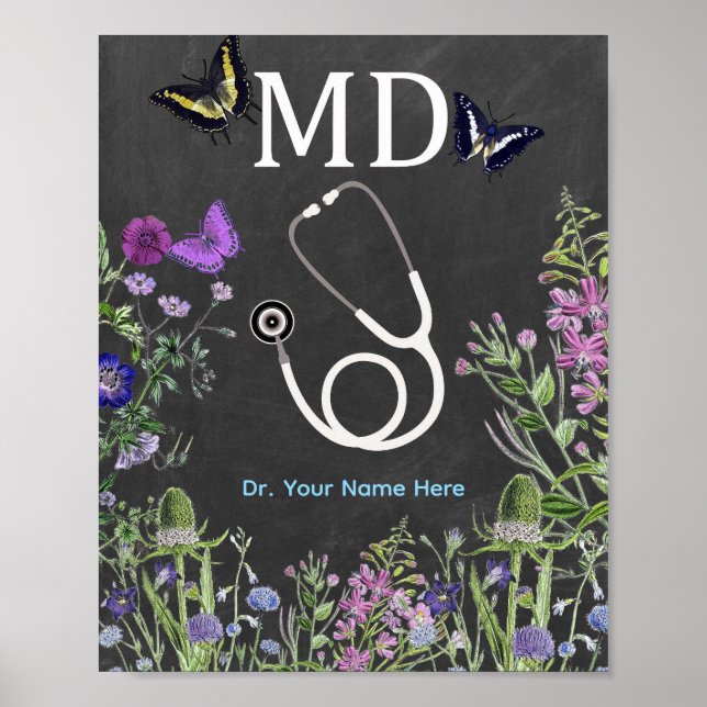Doktor MD Stethoskop Floral Personalisiert Poster (Vorne)