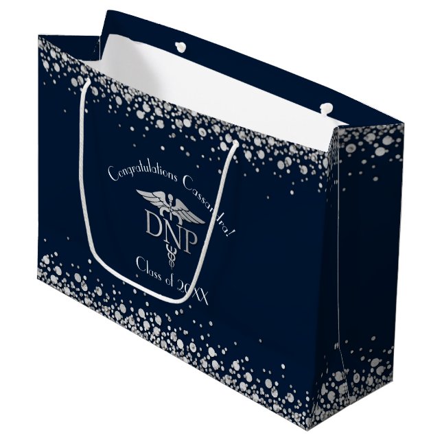 Doktor Nursing Practice Abschluss NavyBlue Silber Große Geschenktüte (Vorderseite Schrägansicht)