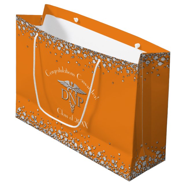 Doktor Nursing Practice Abschluss Orange Silber Große Geschenktüte (Vorderseite Schrägansicht)