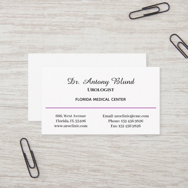Doktor Urologist Simple Lila Business Card Visitenkarte (Vorderseite/Rückseite Beispiel)