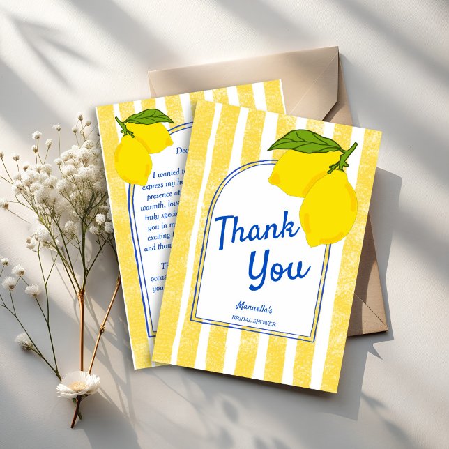 Dolce vita gelbe Lemons Italienisches Brautparty Dankeskarte (Dolce vita handrawn yellow stripes Lemons Italian bridal shower Thank You Cards)